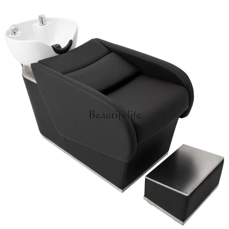 

Barber Shop Ceramic Basin Shampoo Chair Hair Salon Flushing Bed Stainless Steel Lying Half