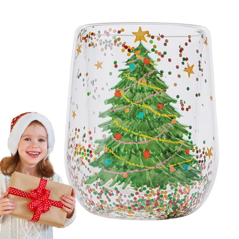 

Drinking Glass Cups Christmas Double Wall Heat Resistant Drinking Coffee Mug Clear Glass Coffee Mugs for Tea Coffee Latte
