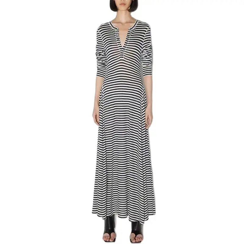 Striped Long Sleeve Dress, High Quality Silk Wool Women's Extra Long Dress, Fashionable and Sexy, Y2K, 2024 Summer New Style