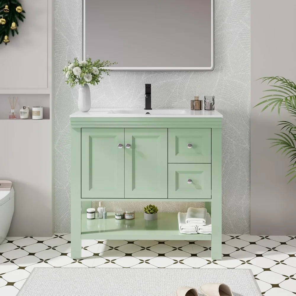 Tocador de baño de 36 pulgadas con combinación de lavabo, mueble de tocador pintado con estante de almacenamiento de apertura amplia, 2 cajones, desagüe para grifo de fregadero bajo montaje