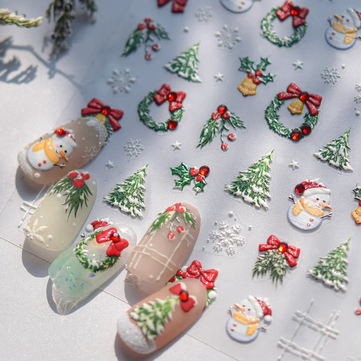 Snowman Red Bowknot Grid Christmas Tree Plant Garland Wreath Ilex Cornuta Bell Winter Snowflake Nail Art Stickers Manicure Decal