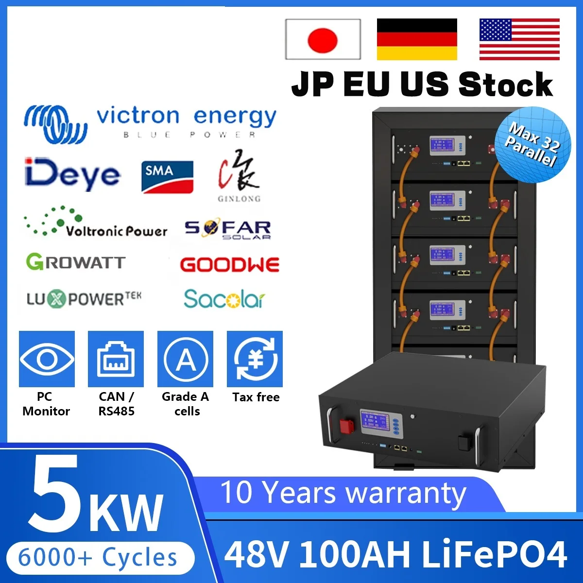 To 48V 100Ah 200Ah LiFePO4 Pack Battery Lithium Ion 107% Capacity 32 Parellel 5Kw 6000+ Cycle With CAN/RS485 For PV EU US NO TAX