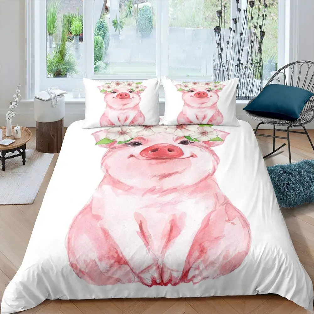 Imagem -03 - Conjunto de Capa de Edredão de Porco Bonito Conjunto de Cama de Porco King Size Zoo Quilt Cover Cobertor Feliz Farm Animal com Fecho de Zíper para Criança