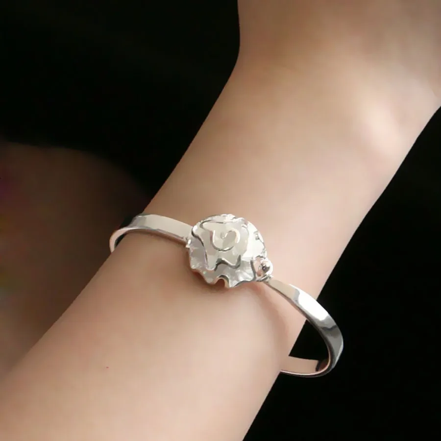 

Sweet Fashion 925 Sterling Silver Rose Flower Bracelet Bangle For Woman Shiny Flower Charm Bracelet Birthday Party Gift