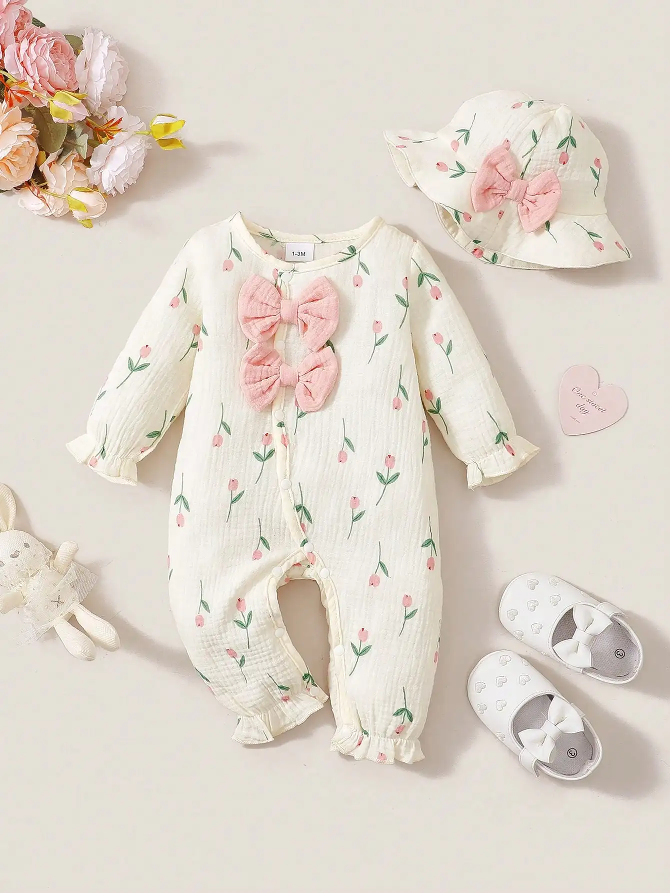 Newborn Baby Girl Romper Floral - 아기 소녀용 봄/가을용 긴팔 거즈 소재의