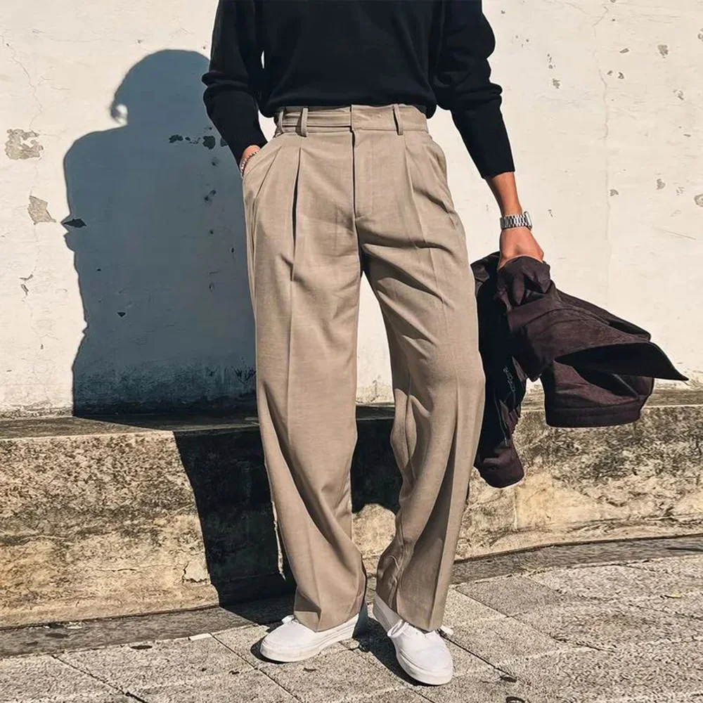 Mens Long Pants Pleated Streetwear Casual Suit Pants Autumn Versatile Breathable Solid Color Wide Leg Pants Men\'s clothing 2024