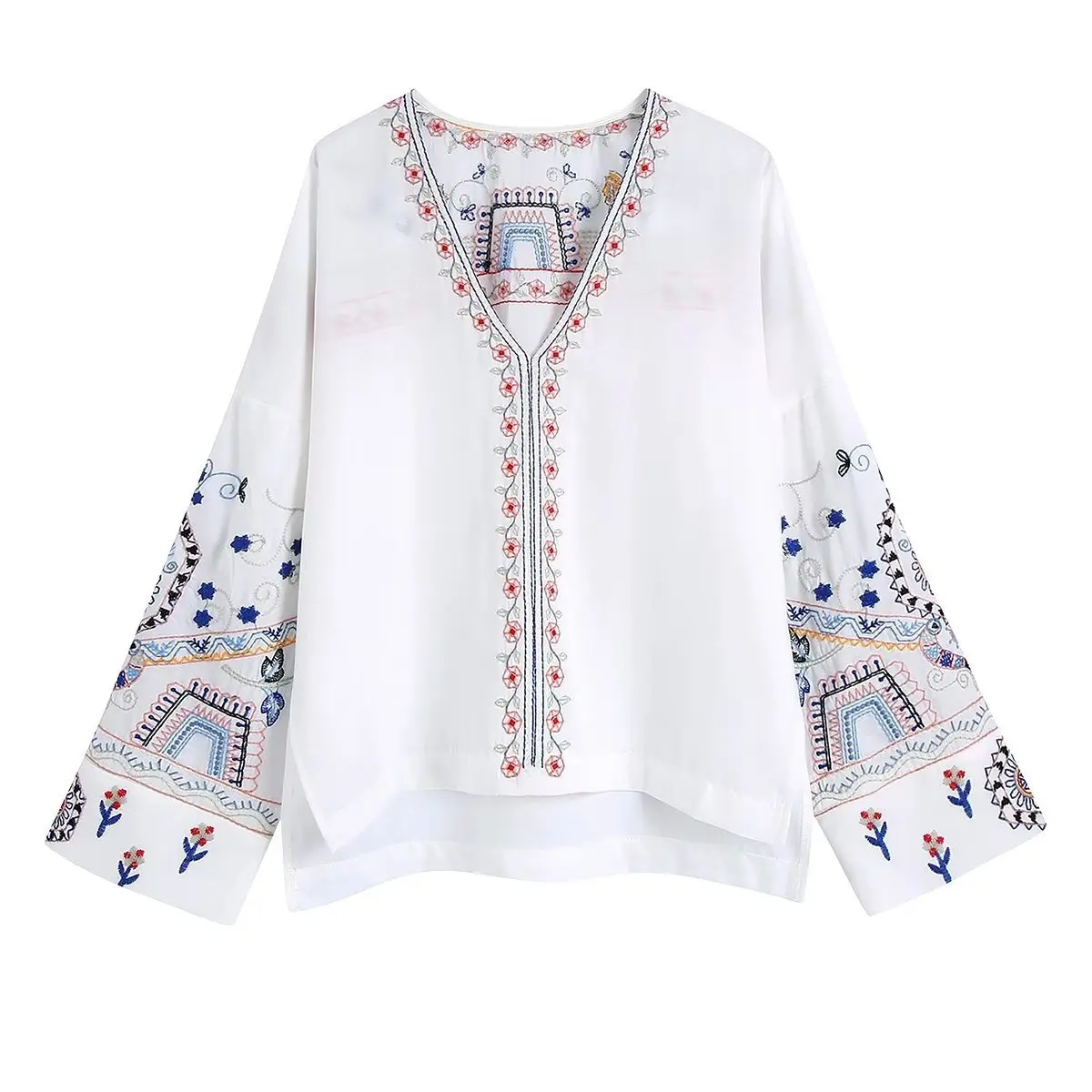 

TEELYNN Boho Long Sleeve Blouses for Women Vintage Floral Embroidery Deep V Summer Shirts Blouse 2022 Casual Loose Camisa Tee