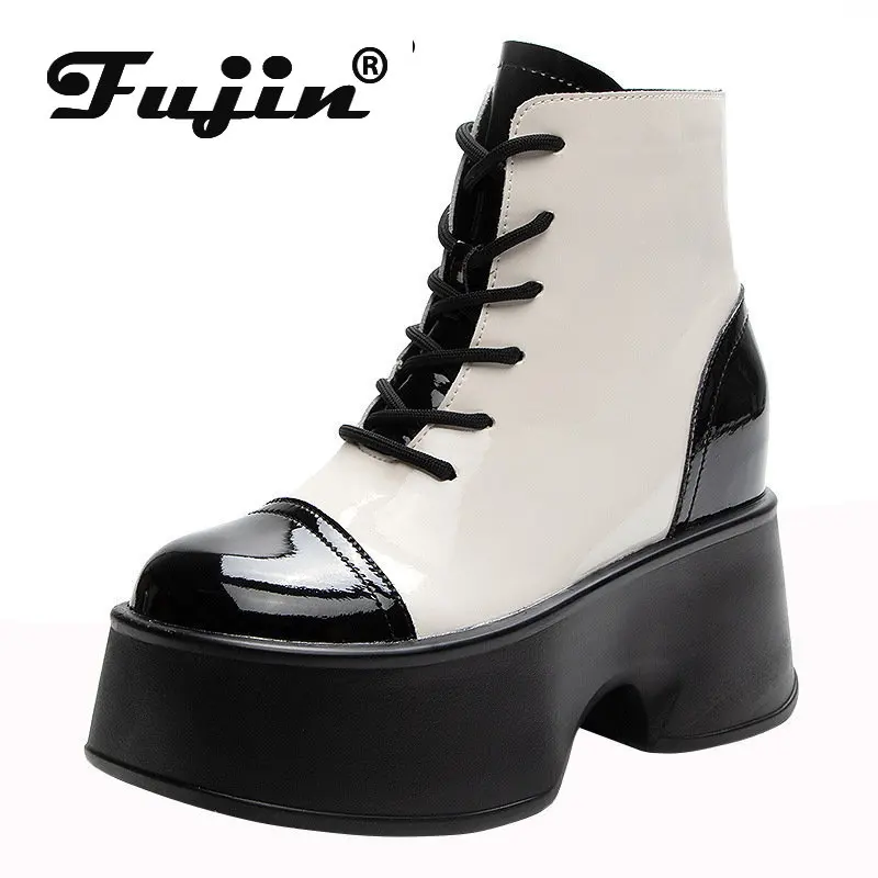 

Fujin 11cm New Patent Microfiber Women Mid Calf Motorcycle Booties Platform Wedge Super Thick Spring Autumn Winter Fashion Shoes