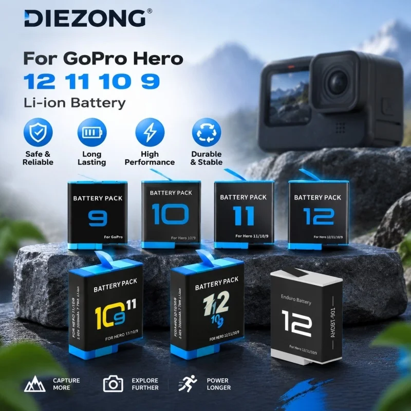 2000mAh Battery For GoPro Hero 12 11 10 9 Li-ion Battery Pack Motion Camera Battery Storage Fast Charger Rechargeable