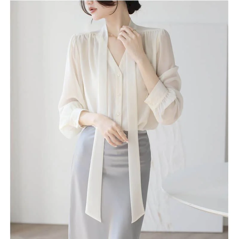 

Chiffon Shirts for Women Vintage Long Sleeved Satin Ribbon Loose Casual Korean Fashion One Piece Blouse Office Lady Women Tops