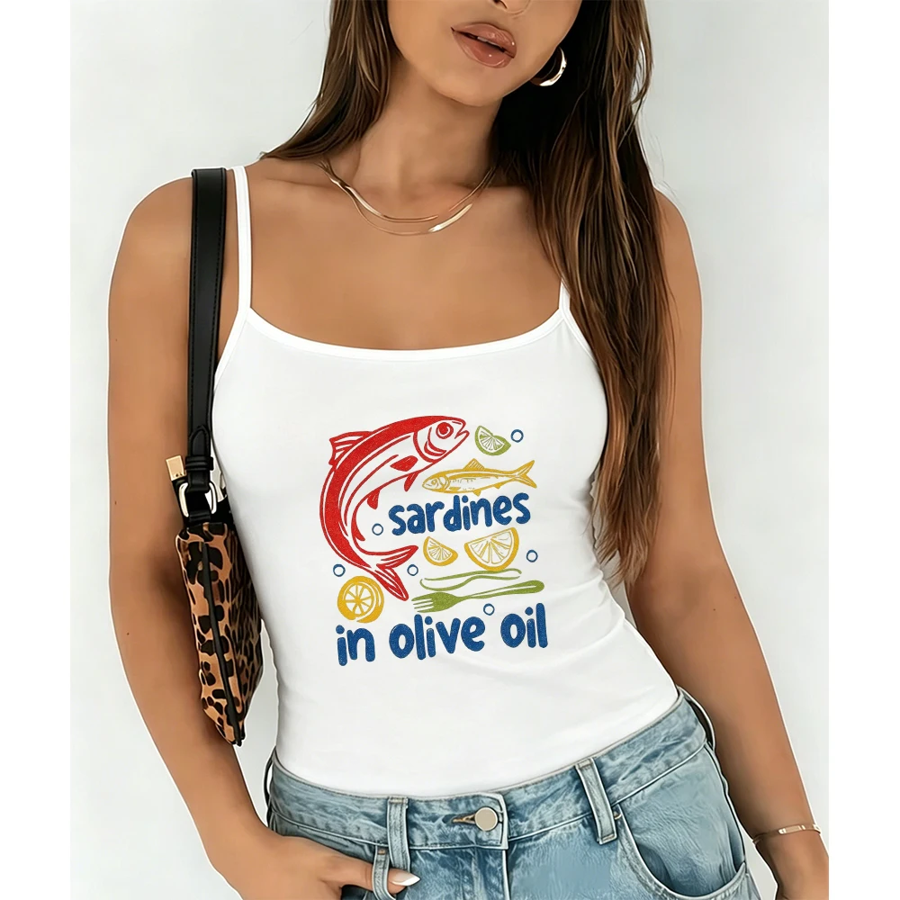 Summer Y2K Fish Pattern Tank Top Women Vintage Seafood Print Camisole Cute Sleeveless Vest Casual Daily Wear Holiday Beach Tops