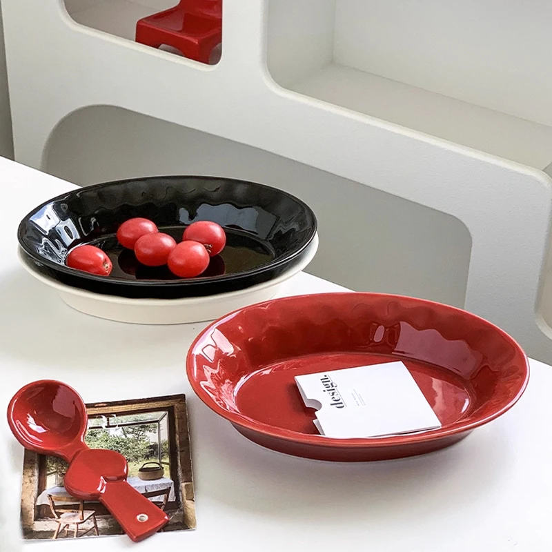 

Korean Solid Color Hand-kneading Irregular Oval Ceramic Plate Household Fish Dish Main Course Ceramic Tableware Kitchen Supplies