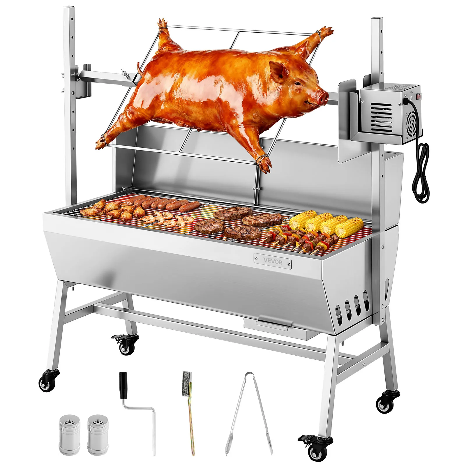 SucceBuy Barbecue Rotissoire d'extérieur, capacité de charge 132 LBS, pour porc et agneau, au charbon de bois et électrique