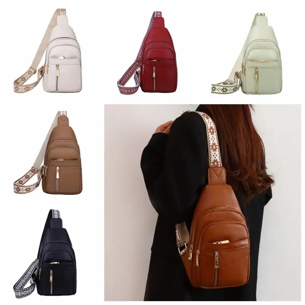 

PU Leather Bohemian Chest Bag Solid Color Multi-Pocket Outdoor Shoulder Bag Zipper Large Capacity Crossbody Backpack Hiking