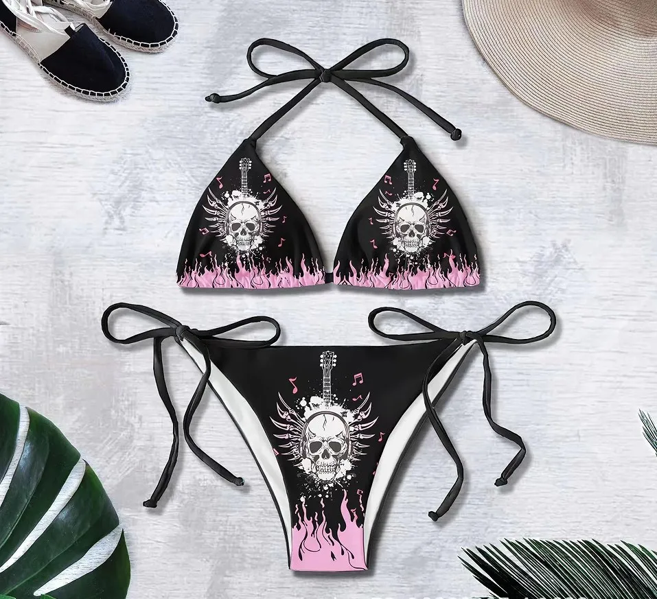 New Sexy Gothic Emo Bikini Women Two-piece Skull Print Bikini Suit Split Bathing Suit High Waist Swimsuit Strap Beach Wear