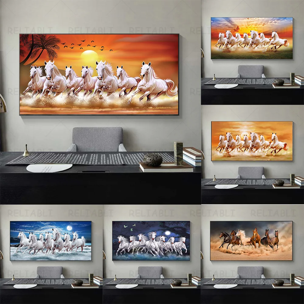 Animal siete caballo corriendo pintura al óleo en lienzo carteles abstractos e impresiones cuadros de pared para sala de estar decoración del hogar sin marco