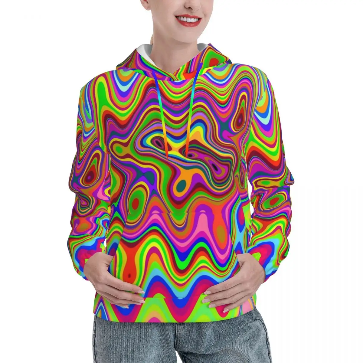 

Psychedelic Pop Art Hoodies Autumn Liquid Swirl Print Casual Hooded Sweatshirts Women Kawaii Design Oversized Pullover Hoodie