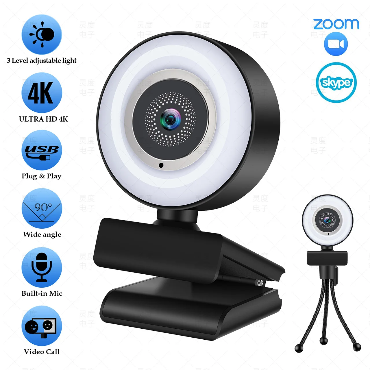 New 4K Webcam 2K Full HD Web Camera With Microphone LED Fill Light USB Web Cam Rotatable For PC Computer Laptop for Youtube Live
