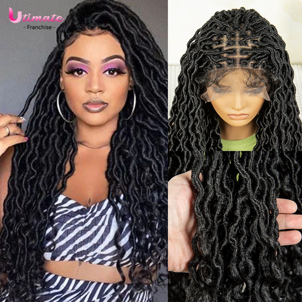 Lace Front Dreadlock Braided Wigs with Baby Hair for African Women Knotless Square Wigs Synthetic 32 In Box Braided Curly Wigs