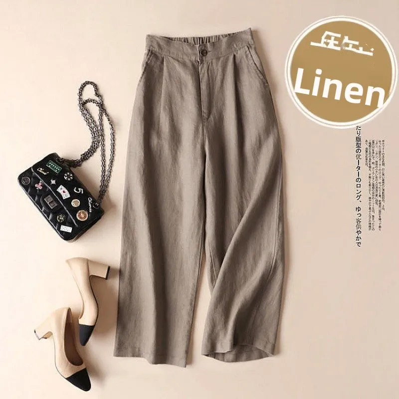 

Повседневные хлопковые и льняные широкие брюки с девятью точками, свободный крой, женские летние брюки с высокой талией, удобные дышащие модные брюки