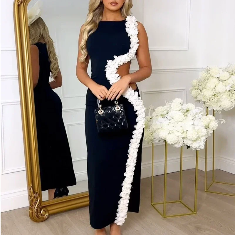 Sexy o pescoço sem mangas babados borda bodycon vestido na moda oco cintura lado split vestido de noite elegante contraste cor vestido senhora