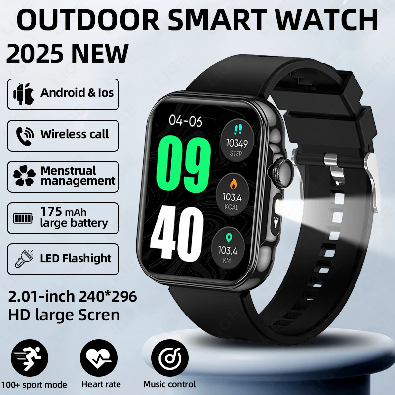 

LIGE Men Smart Watch Men LED Flashlight 2.01'' HD Screen Heart Rate Sleep Outdoor Sports Bluetooth Call Waterproof Smartwatches