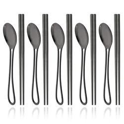 Korean Long Handle Chopsticks Spoon Cutlery Set Reusable Stainless Steel Non-slip Sushi Sticks Food Soup Spoon Flatware Set
