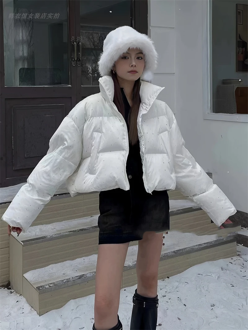 ZAROY Women's Thick Warm Cotton Jacket With Rhinestones Winter Casual Stand Collar Zipper Pocket Down Coat Puffer куртка