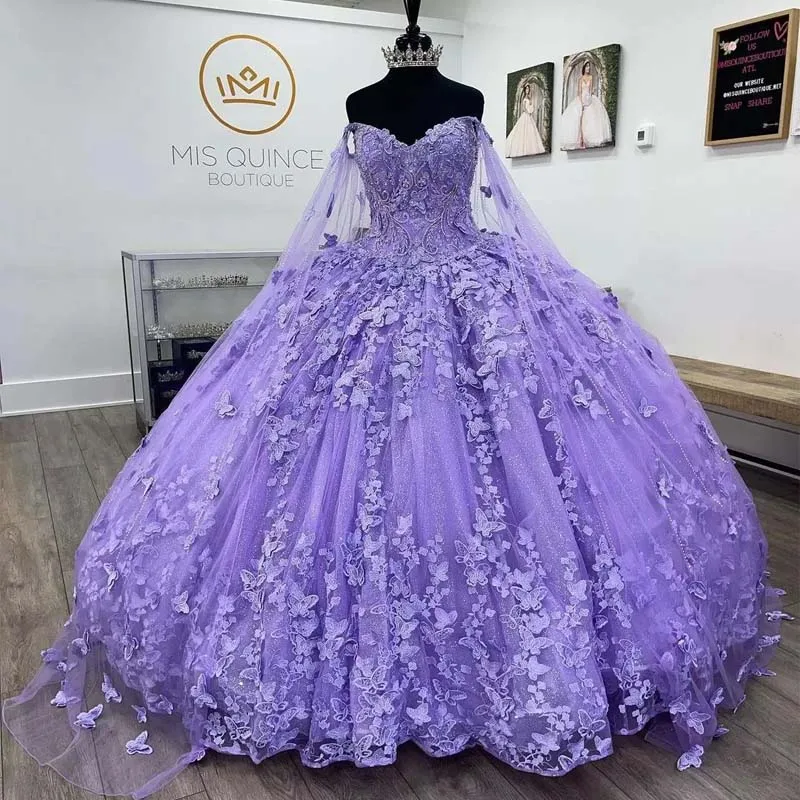 Lilac lavender Butterfly Quinceanera Dresses With Cape Lace Applique Sweet 16 Dress Mexican Prom Gowns 2023 Vestidos De XV Anos