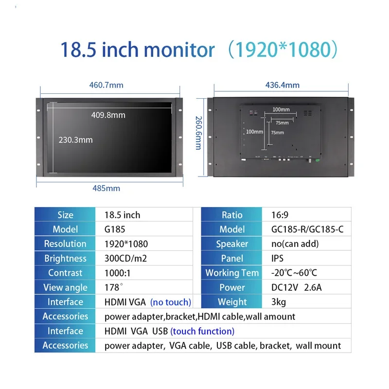 18.5 1920*1080 Inch LCD Display IPS Industrial Panel 16:9 Touch Screen Open Frame Monitor For Automation Equipment