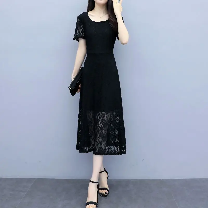 

Simplicity Lace Loose Dress Summer Clothes for Women Black Versatile Round Neck Hollow Out Splicing Short Sleeve Midi Dresses