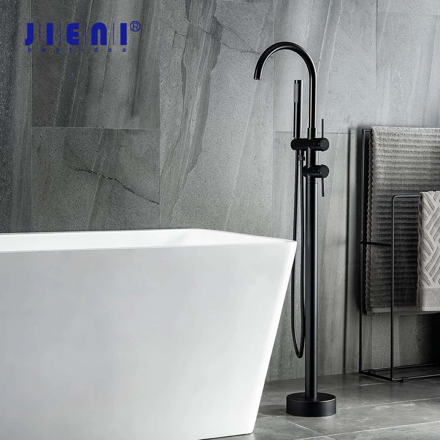 

JIENI Brass Matte Black Floor Standing Shower Faucet Roman Tub Filler Shower Set Dual Handle Swivel Spout Bathtub Faucets