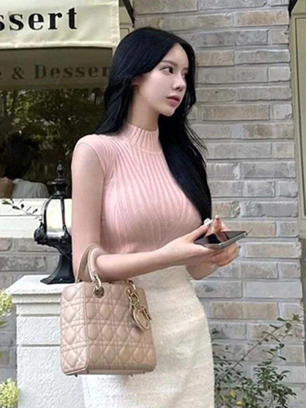

Sexy Slim Fit Knitted Top Half High Collar Short Sleeve Women's Fashionable Soft Viscose Polyester Blend Comfortable Breathable