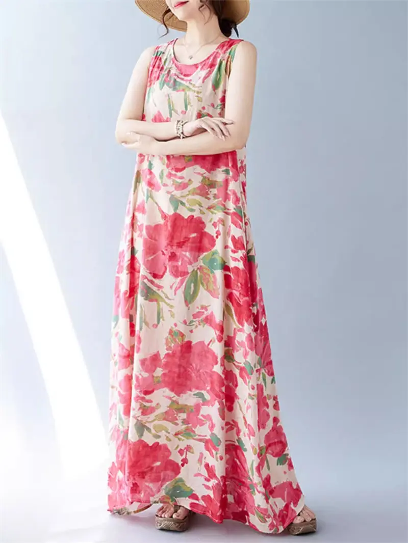 2024 New Bohemian Long Dress Summer Large Size Loose Sleeveless Round Neck Fashion Casual Printed Vest Dress K1740