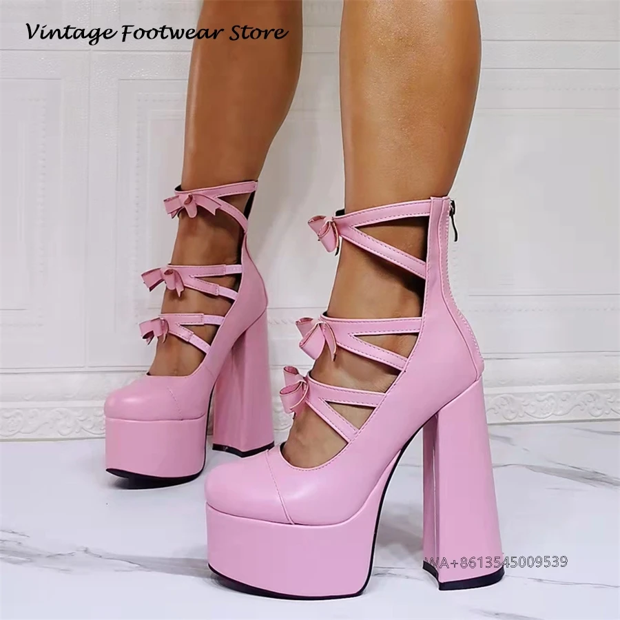 Vintage Cute Knotted Plaform Pumps Girls Round Toe Square Heel Lolita Shoes Spring Summer Women High Heels Party Club Bar Pumps