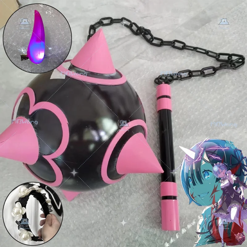 Anime Re Zero Rem Cosplay Requisite Meteor Hammer Ram Cosplay Requisite Kopfbedeckung für Halloween-Party Erwachsene Frauen Männer Rollenspiel