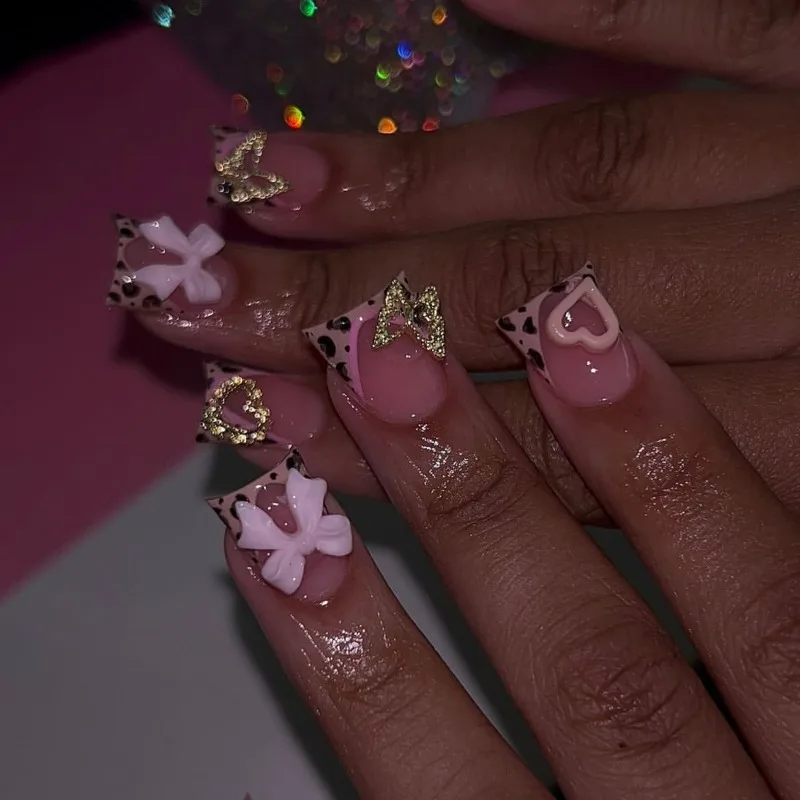 

24 Pcs Duckbill Short Aesthetic False Nails 3d Bowknot Love Cherry Ready-made Artificial Nail Tips Leopard French Press on Nails