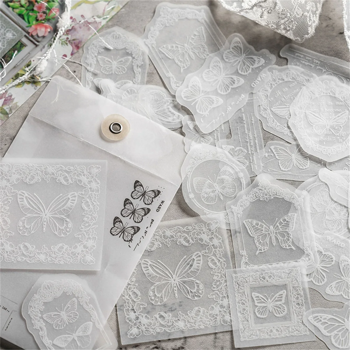 30 pcs White ink sticker package white translucent Lace plants flowers English text DIY decorative material stickers