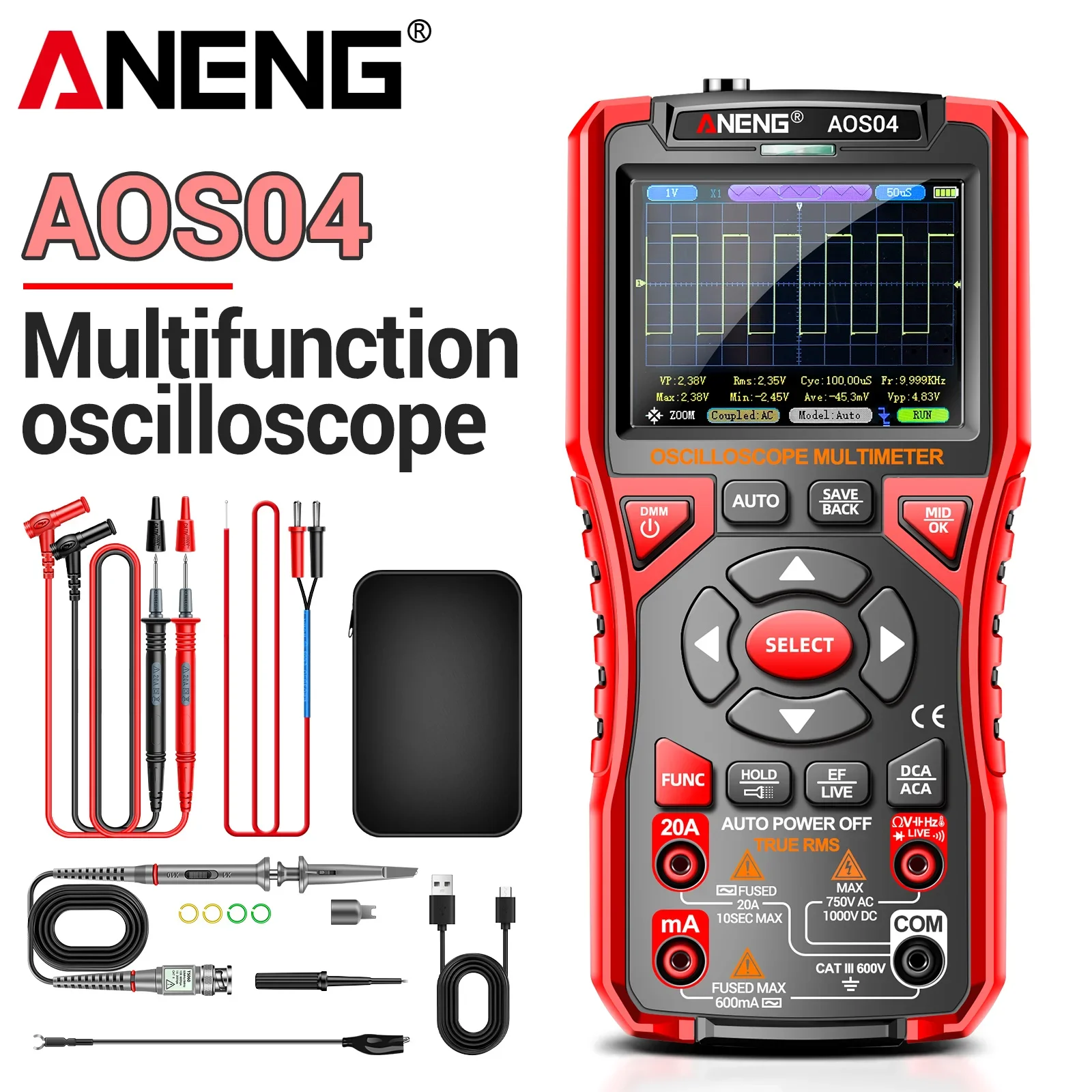 ANENG AOS04 oscilloscope multimeter 50MSa/s sampling 9999 count VA reverse display screen multifunctional electrical instrument
