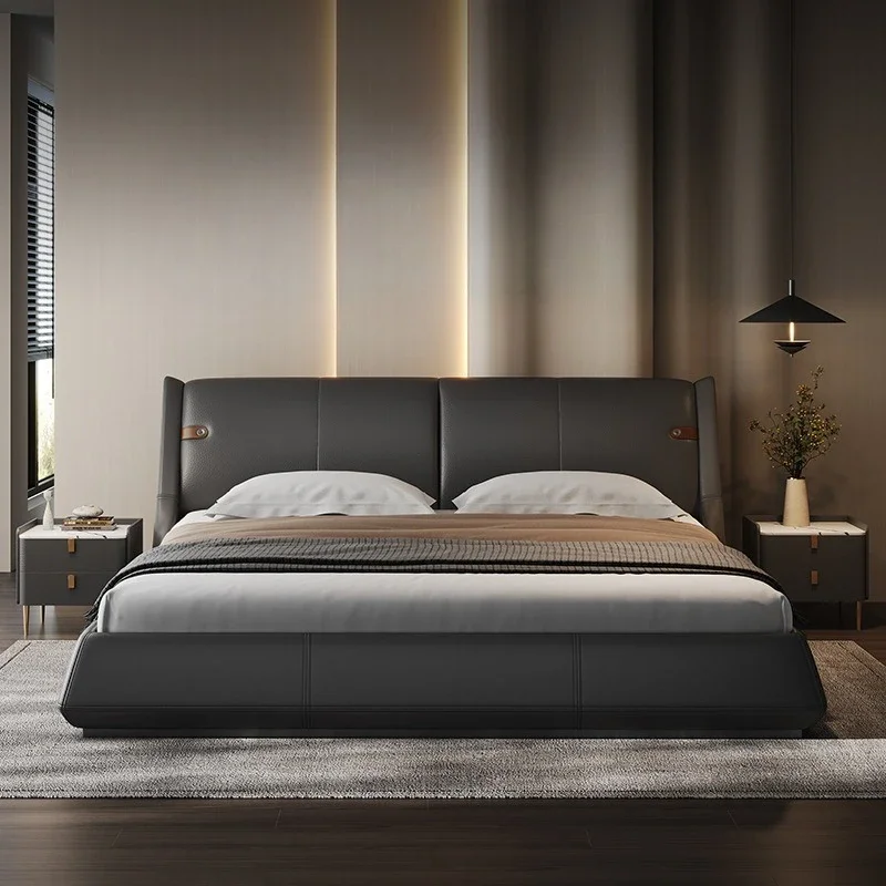 Modern simplicity  leather bed  master bedroom high end atmosphere  first  layer cowhide bed