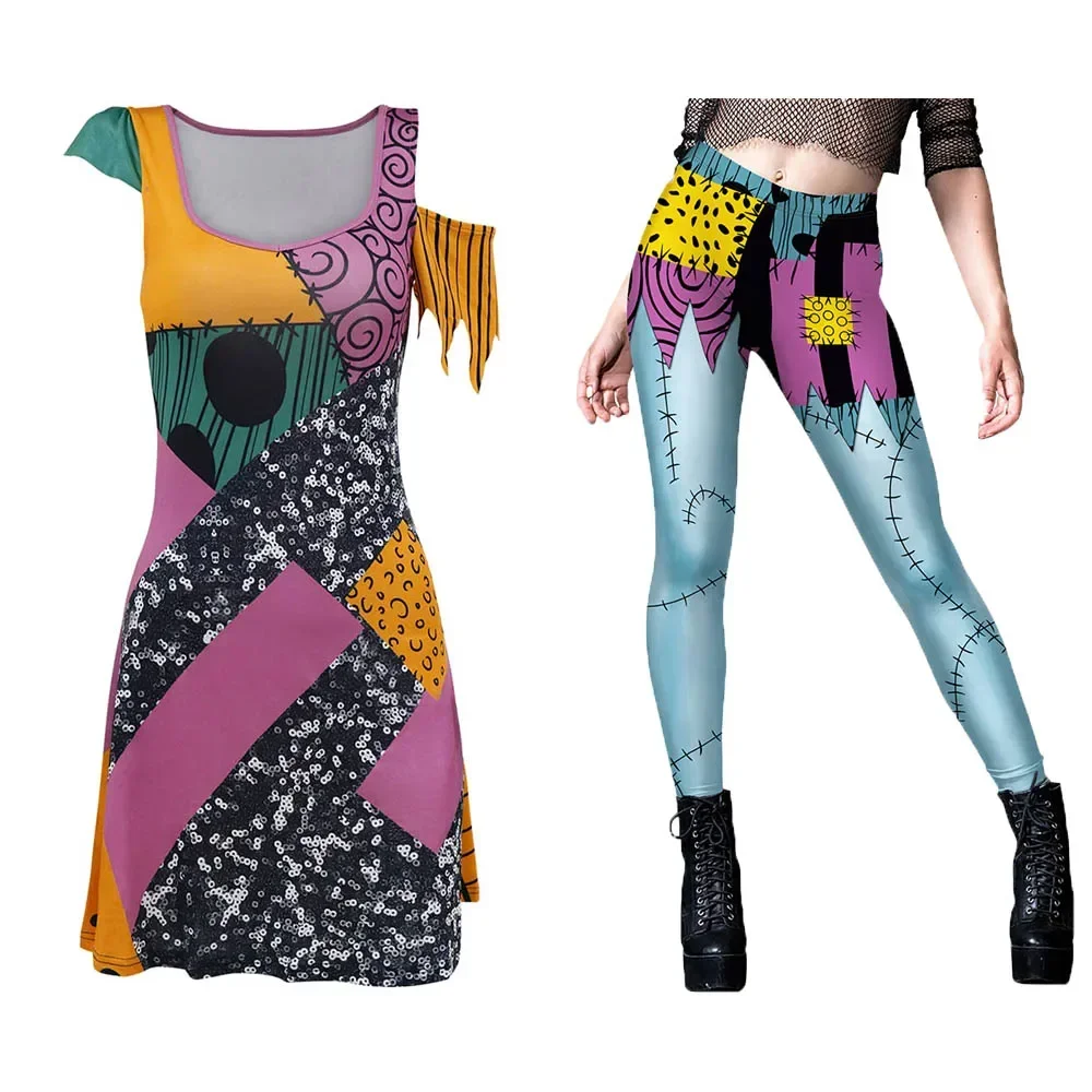 

Новая вечеринка для взрослых женщин, маскировка, платье Салли, леггинсы, косплей, фильм, страшный готический комбинезон, карнавальные костюмы для ролевых игр на Хэллоуин