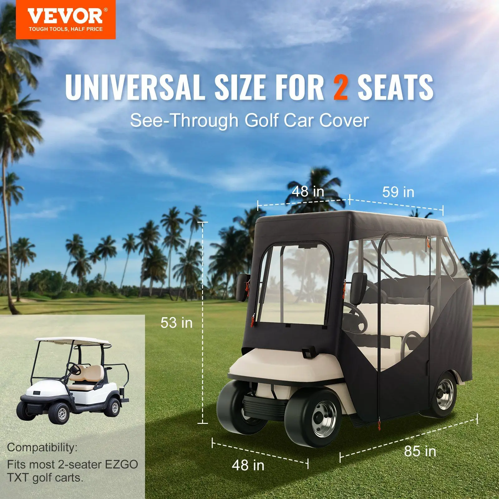 Golf Cart Enclosure, 600D Polyester Driving Enclosure with 4-Sided Transparent Windows, 2 Passenger Club Car Covers