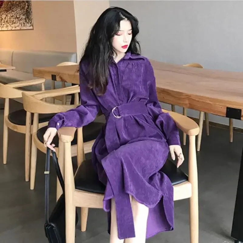 Winter Ladies shirt Long Dresses Women Corduroy Long Sleeve Femme 2019 Casual  Vintage Dress Slim Feminino Autumn