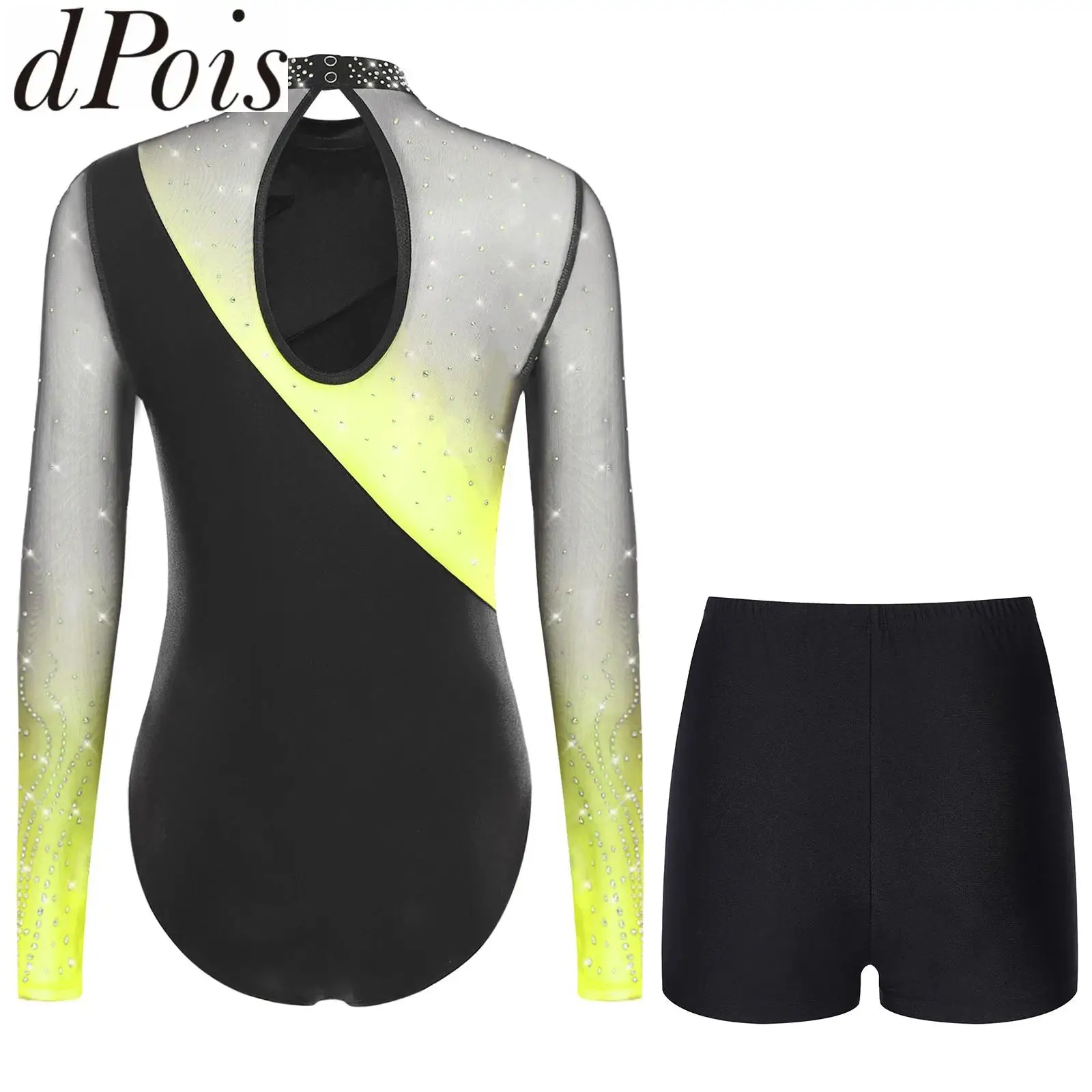 Womens Glittery Gymnastics Leotard Outfits Long Sleeve Rhinestones Ballet Unitards Gym Jersey Skating Competition Dance Costume