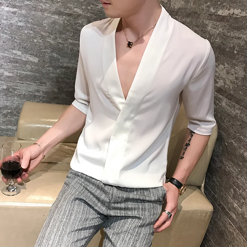 2020 Summer Korean Chinese Style Print Shirt Man Long Sleeve V-collar Camisa Masculina Shirts Camisa Homem Camisas Para Hombre