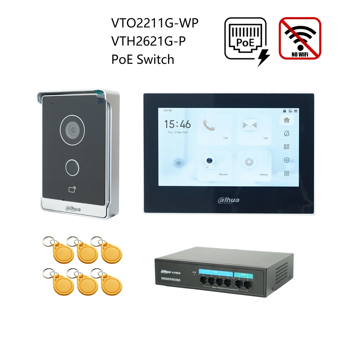 Dahua originele IP Video Intercom KIT, VTO2211G-WP & VTH2621G-P & PoE schakelaar, ondersteuning telefoon app, RFID Card Ontgrendelen