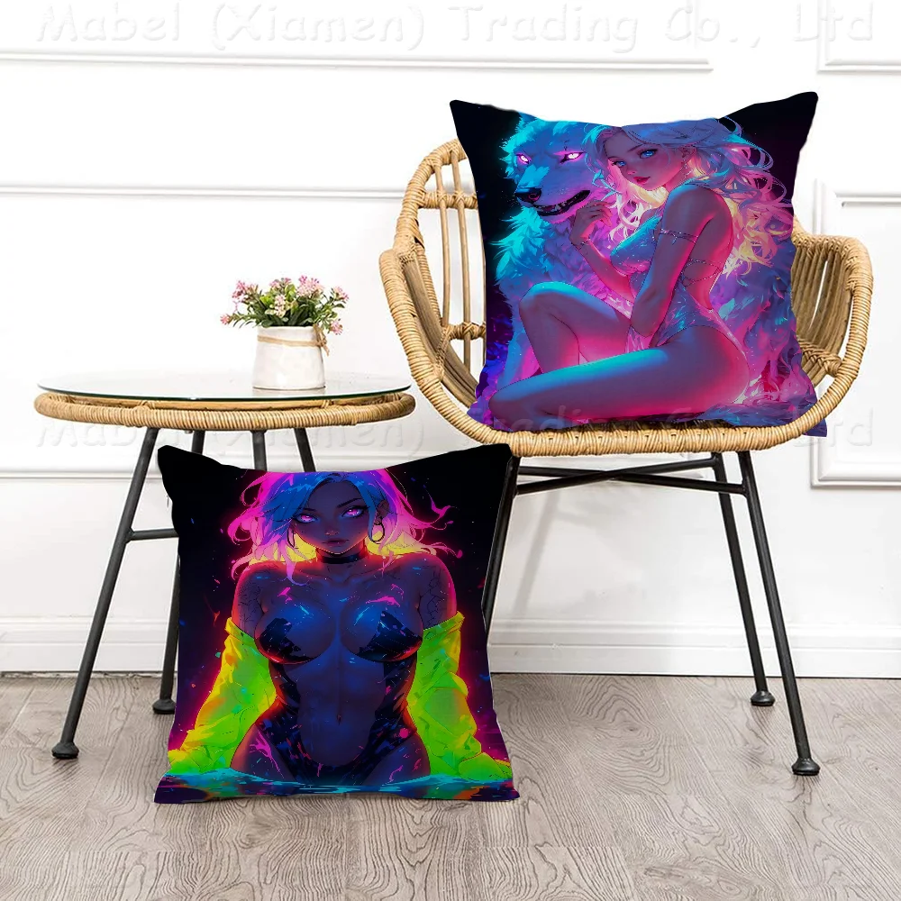 Colorful Neon Sexy Anime Cool Girl Pillow Cushion Cover Pillowcase Living Room Sofa Home Decor Customized