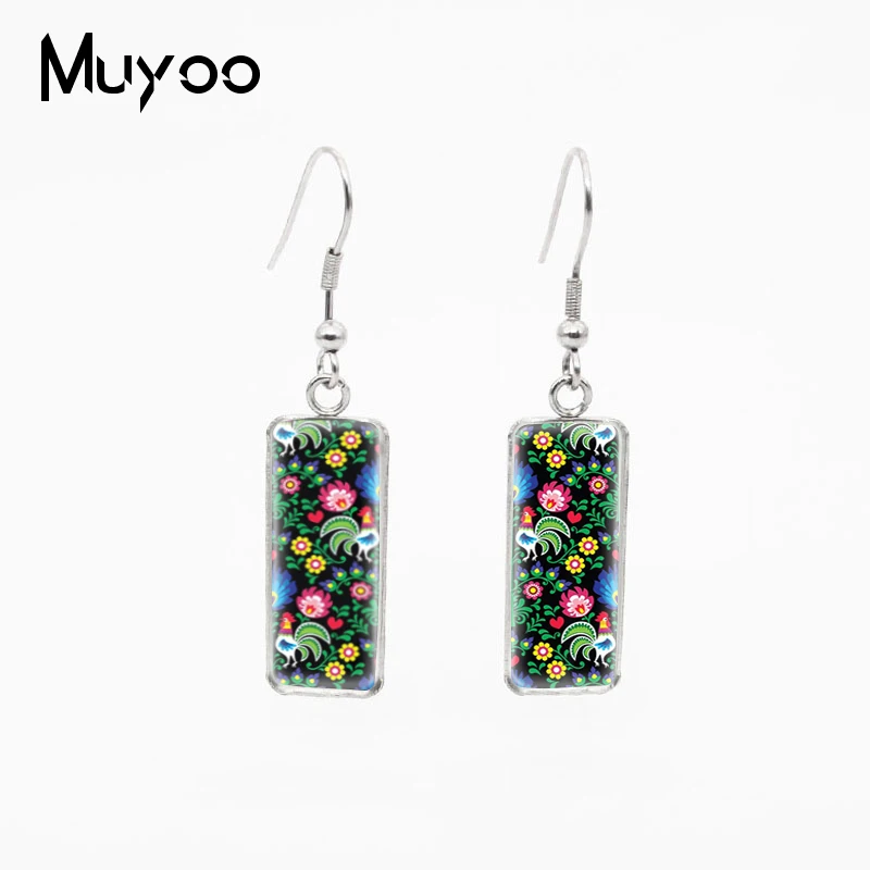 New Fashion Style Polish Folk Art Pattern Design Glass Cabochon Fish Hook Earrings Rectangle Shaped Pendants Jewelry Earrings