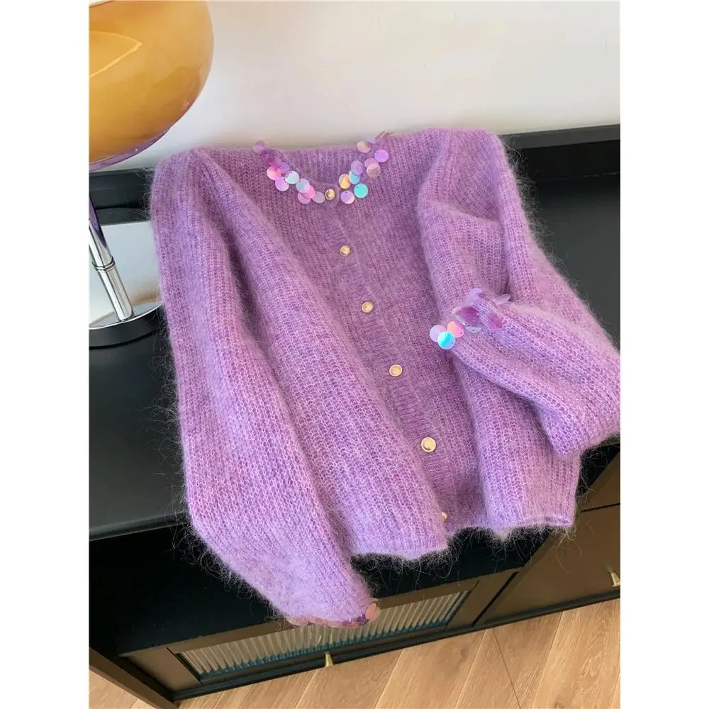 لينة الأرجواني الترتر سترة مفتوحة المرأة محبوك سترة الثقيلة التطريز لطيف Sle الخريف الشتاء جديد وصول ألياف البوليستر #4