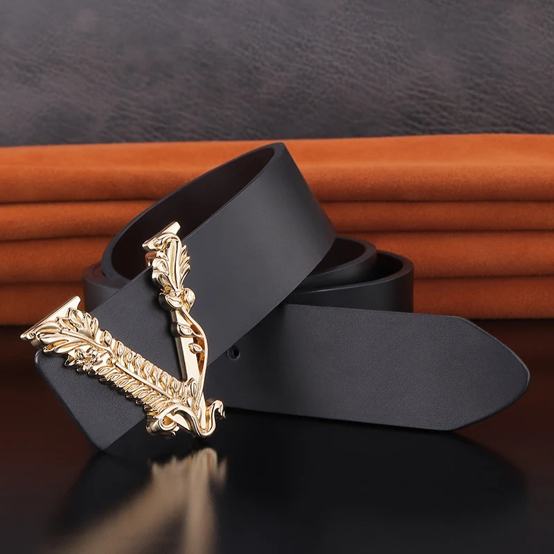 2022 New High Quality gold V letter flower designer belts men 3.8cm Wide brand leather luxury casual jeans ceinture homme black